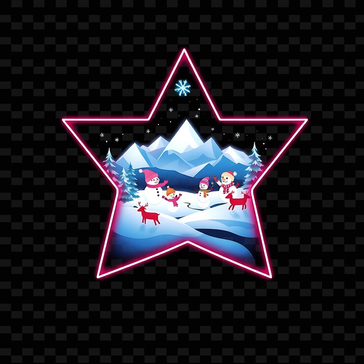 PSD el país de las maravillas de invierno de neón parpadeante dentro de una estrella silueta kawaii hombres de nieve y renos bromean en un