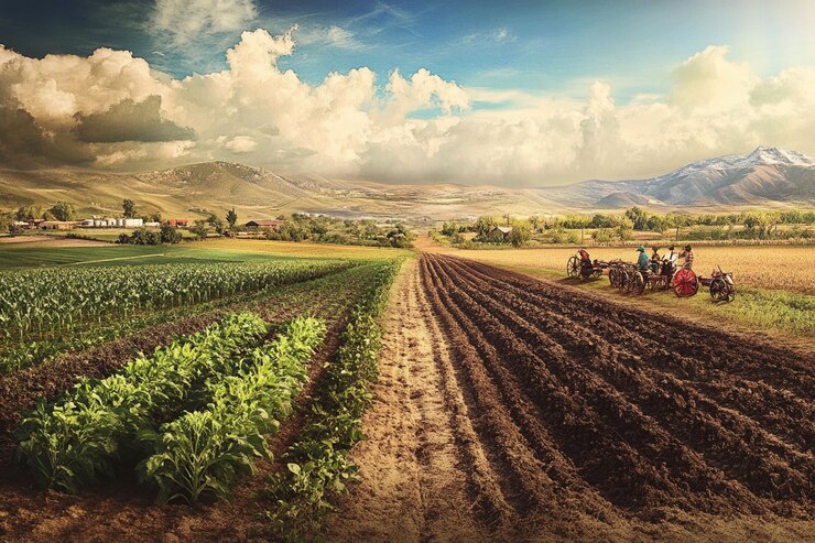 PSD paisagem agrícola rural com agricultores a trabalhar a terra usando um tractor vintage
