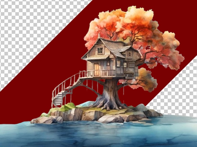 PSD paisagem de aquarela 3d com uma árvore velha e uma casa na árvore.