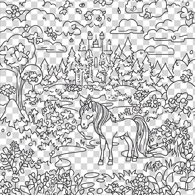 PSD paisagem de fantasia com unicórnio e castelo
