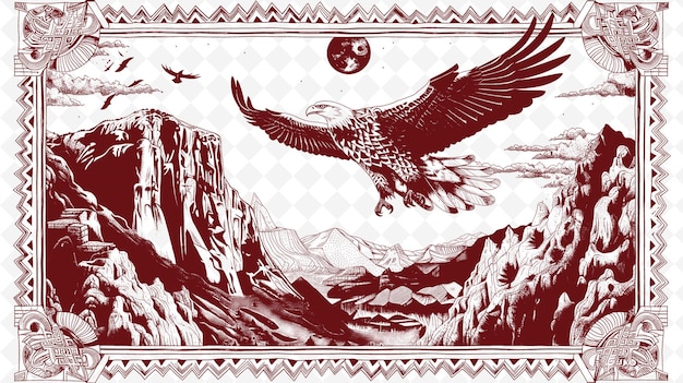 PSD paisagem de montanha com águias e desfiladeiros navajo pintura de areia ilustração esboço coleções de arte