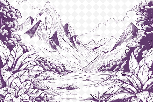 PSD paisagem de montanha com íbex e geleiras ilustração de moldura alpina suíça colecções de arte de esboço