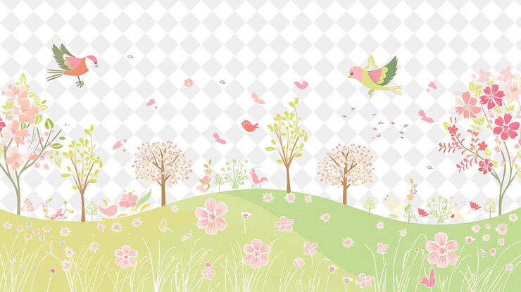 PSD paisagem de primavera caprichosa com flores de cerejeira e ilustração cantora desenho de cenários naturais