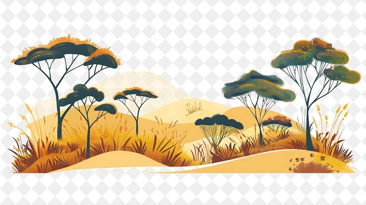 PSD paisagem de savana de tirar o fôlego com árvores de acácia e ilustração colorida desenho de cenários naturais