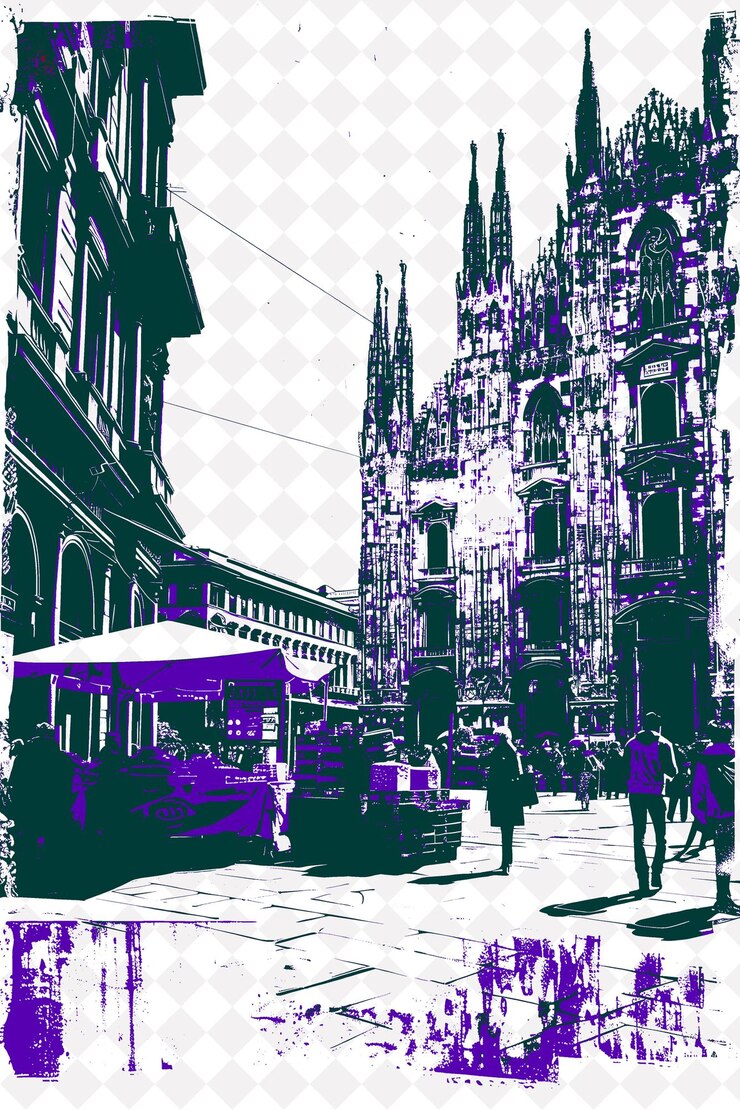 PSD paisagem do duomo com um vendedor ambulante vendendo lembranças e um projeto de ilustração da cultura italiana