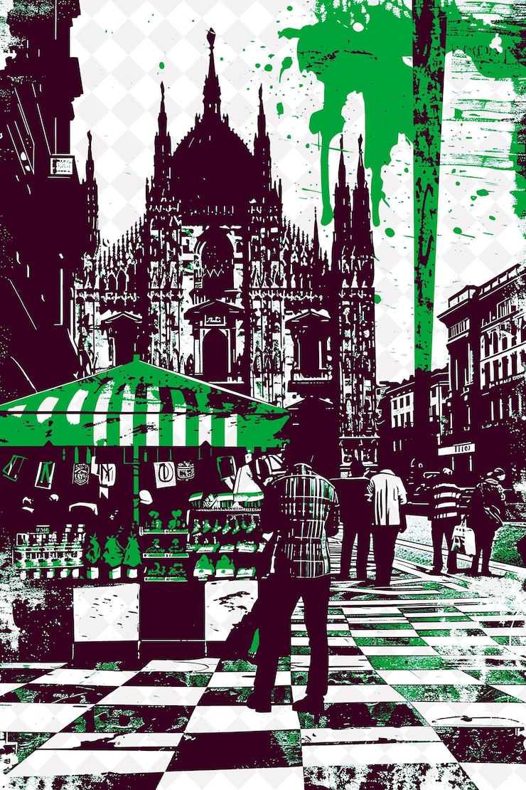 PSD paisagem do duomo com um vendedor ambulante vendendo lembranças e um projeto de ilustração da cultura italiana