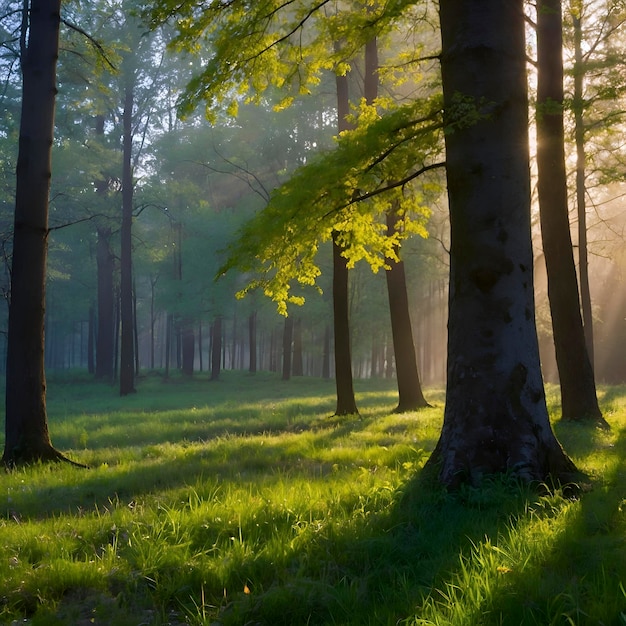 PSD paisagem florestal de primavera com folhas coloridas, árvores e grama pela manhã