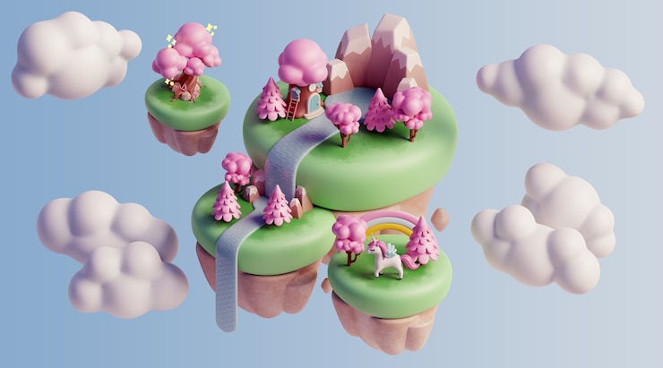 PSD paisagem flutuante 3d com elementos da natureza e nuvens