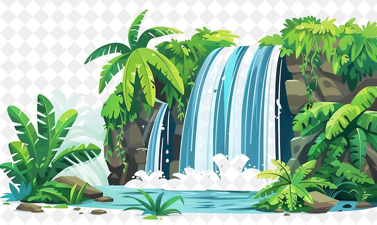PSD paisagem majestosa de cachoeiras com arco-íris cintilantes e ilustração de lu desenho de cenários naturais