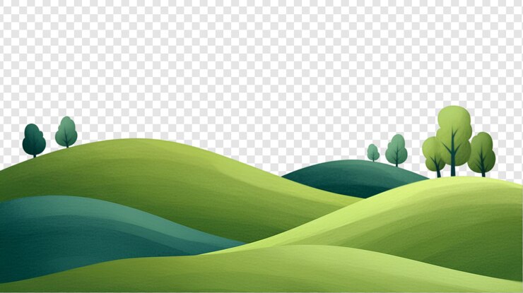 PSD paisagem minimalista com colinas verdes e árvores isoladas em um fundo transparente