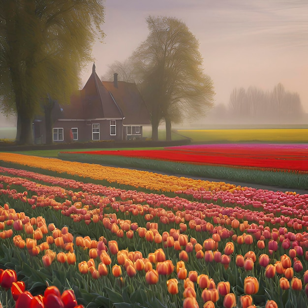 Paisagem rural de campos de tulipas holandeses