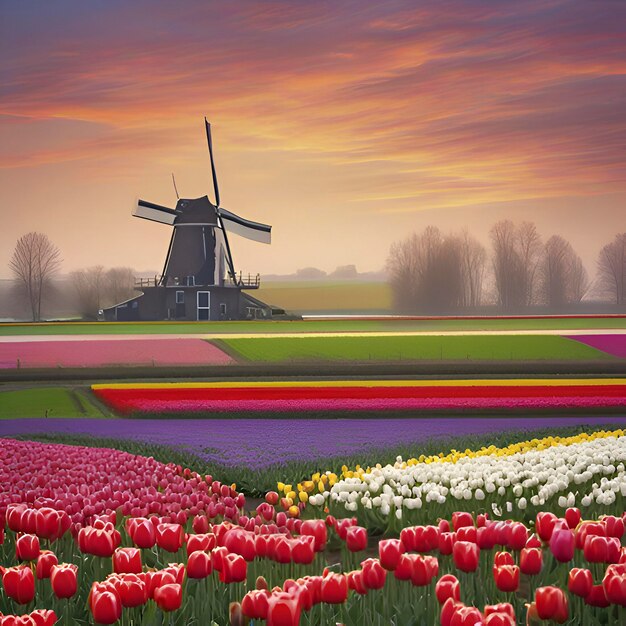 PSD paisagem rural de campos de tulipas holandeses