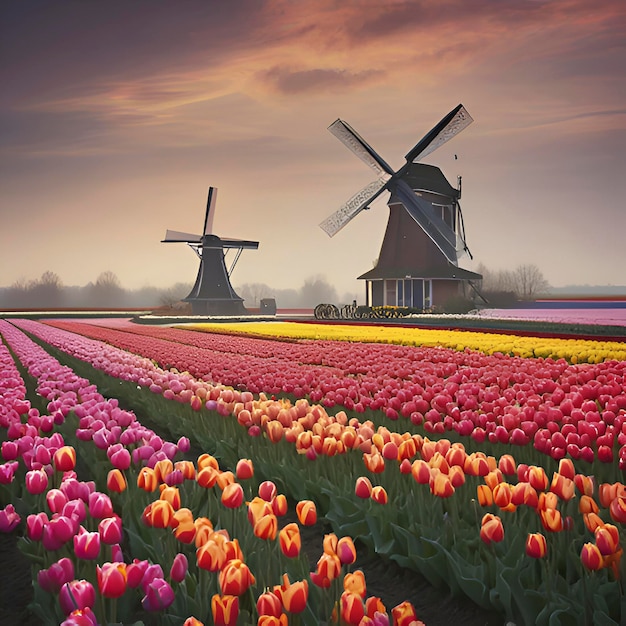 Paisagem rural de campos de tulipas holandeses