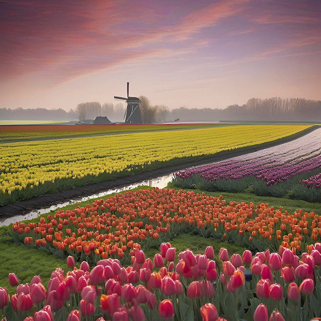 PSD paisagem rural de campos de tulipas holandeses