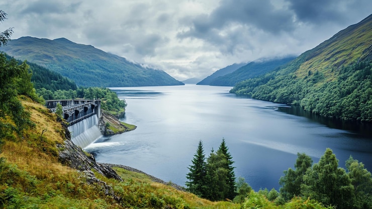 PSD paisagem serena de uma barragem e lago aninhado em um vale montanhas sob um céu nublado