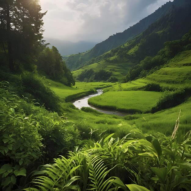 PSD paisagem verde com o sol da manhã