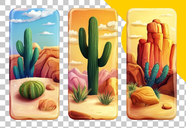PSD paisagens desérticas vibrantes com cactos e rochas