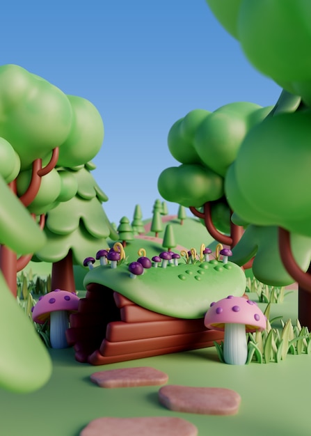 PSD paisaje 3d con elementos de cuento de hadas