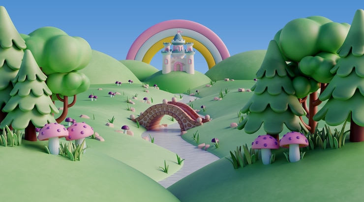 PSD paisaje 3d con elementos de cuento de hadas
