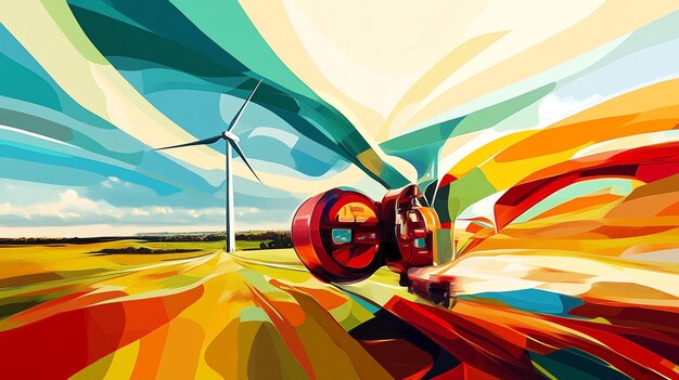 Paisaje abstractamente colorido con molino de viento y vehículo estilizado