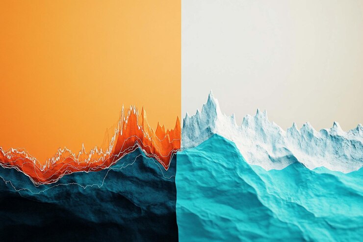 PSD paisaje abstracto dividido en dos colores contrastantes con montañas texturizadas y líneas que crean una visual dinámica