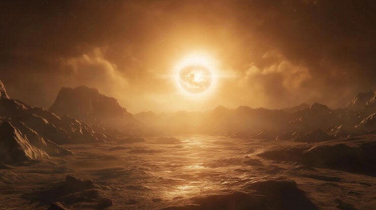 PSD paisaje alienígena con un gran sol ardiente poniéndose detrás de las montañas y un río congelado