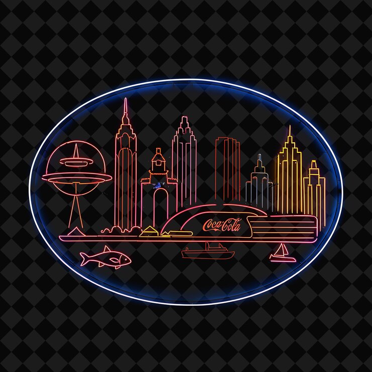 PSD paisaje de atlanta de neón radiante dentro de una silueta paisaje oval png y2k monolina paisaje urbano arte de collage