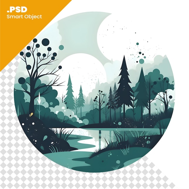 PSD paisaje con bosque lunar y río ilustración vectorial para su plantilla de diseño psd