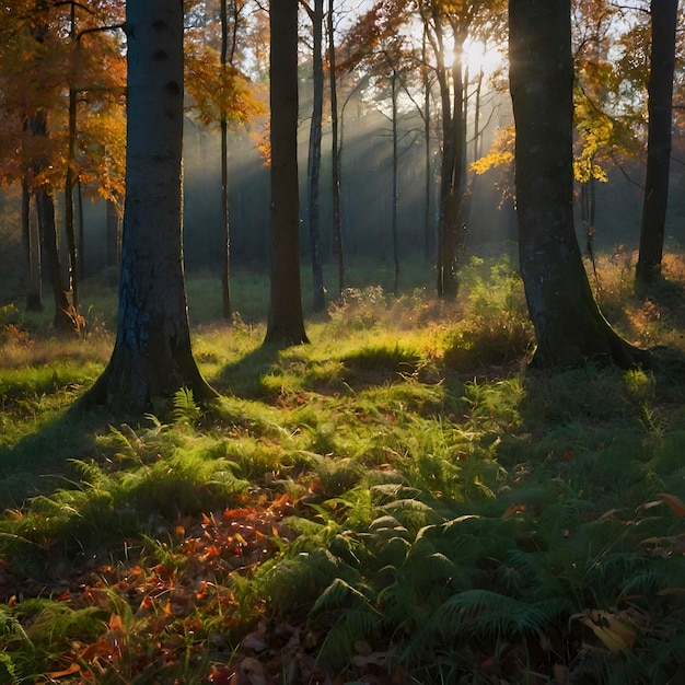 PSD paisaje del bosque de otoño por la mañana