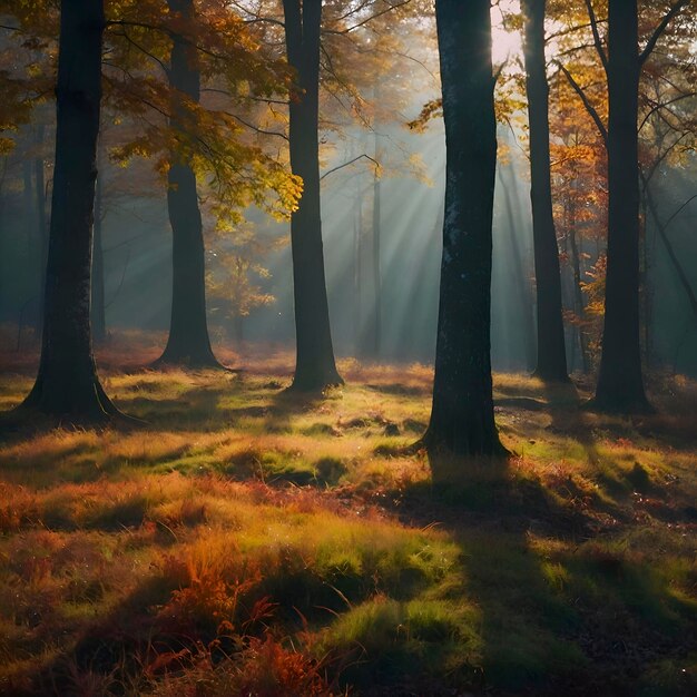 PSD paisaje del bosque de otoño por la mañana