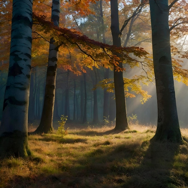 PSD paisaje del bosque de otoño por la mañana