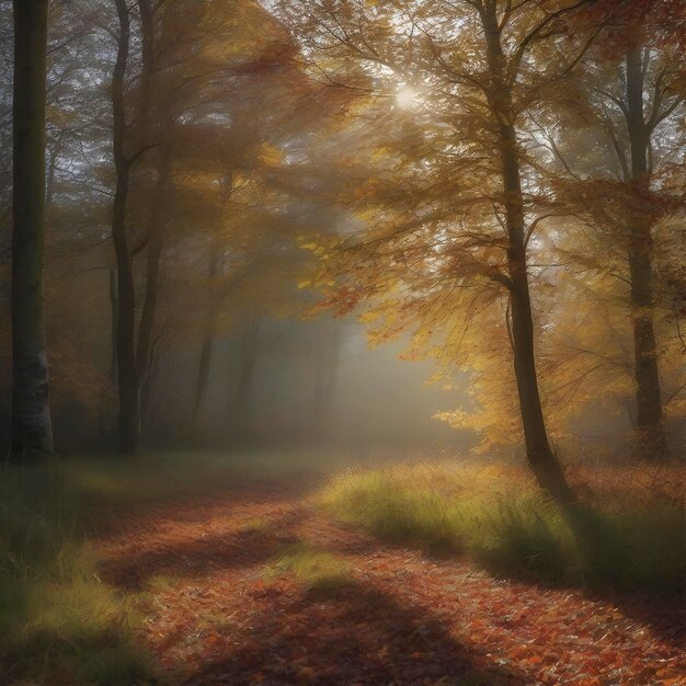 PSD paisaje del bosque de otoño por la mañana