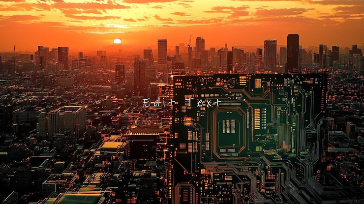 PSD paisaje de la ciudad al atardecer con una placa de circuitos gigante