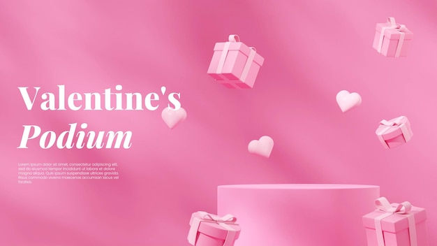 en paisaje corazones flotantes y caja de regalo imagen de renderizado 3d espacio en blanco cilindro redondo podio rosa