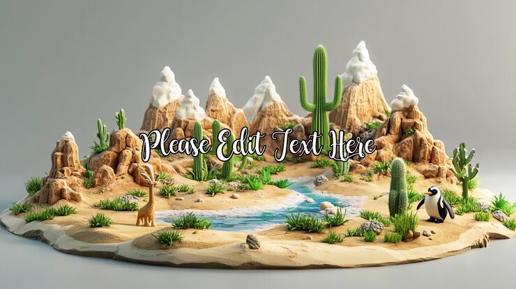 PSD paisaje desértico en miniatura con cactus montañas animales y un río