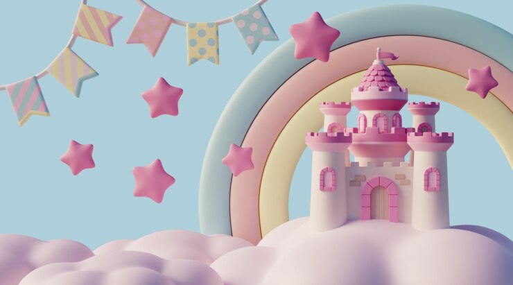 PSD paisaje de ensueño 3d con nubes y elementos de cuento de hadas
