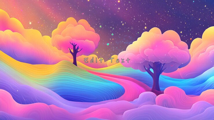 PSD paisaje de ensueño con coloridas colinas árboles y cielo estrellado por la noche