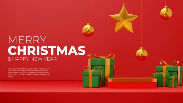 en paisaje estrella, bola y caja de regalo Representación 3D maqueta en blanco navidad podio dorado y rojo