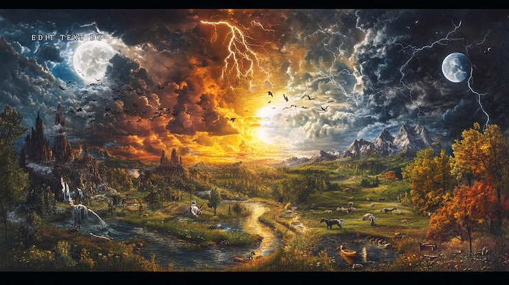 PSD paisaje de fantasía dualista que representa el día y la noche fuego y agua elementos contrastantes que se fusionan en una escena