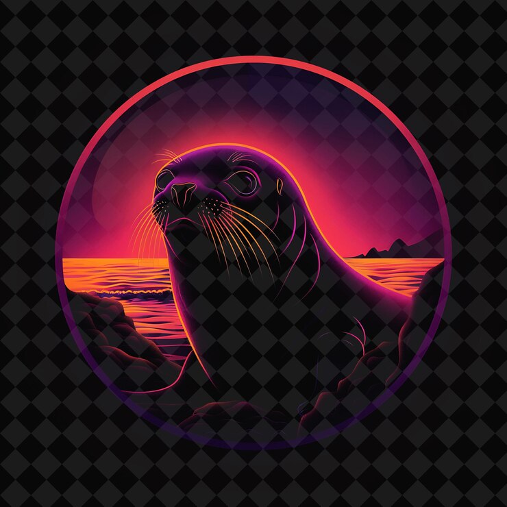 PSD paisaje de focas de neón radiante con una silueta de una foca he png y2k océano de colecciones de luz