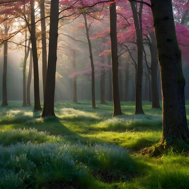 PSD paisaje forestal de primavera con hojas coloridas árboles y hierba por la mañana