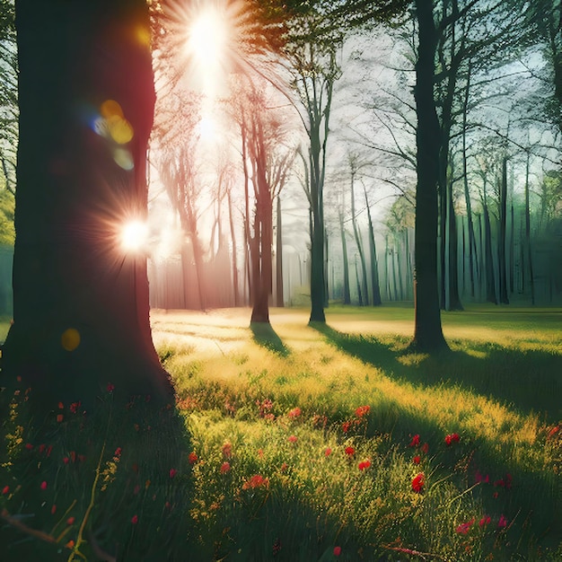 PSD paisaje forestal de primavera con hojas coloridas árboles y hierba por la mañana