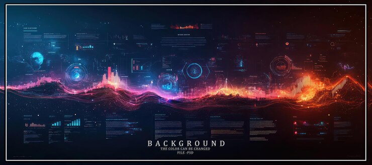 PSD paisaje futurista abstracto con datos y elementos digitales brillantes