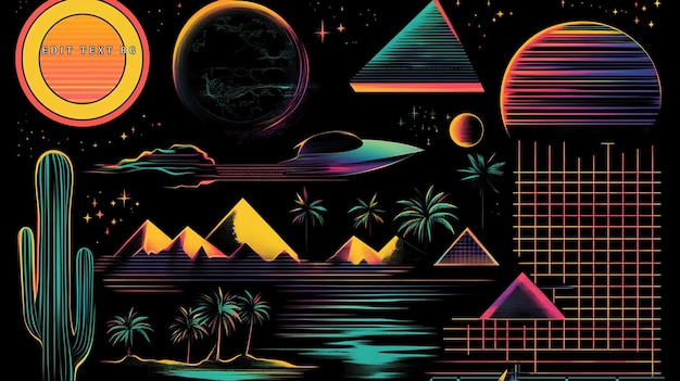 Paisaje futurista retro con pirámides planetas cactus y formas geométricas en colores de neón