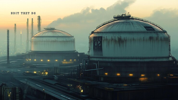 PSD paisaje industrial al amanecer con grandes tanques de almacenamiento y estructuras de refinería que emiten humo