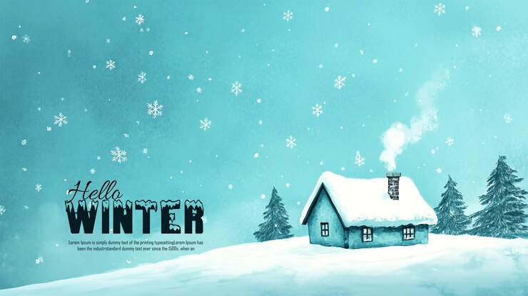 Paisaje de invierno con póster de cabaña acogedora