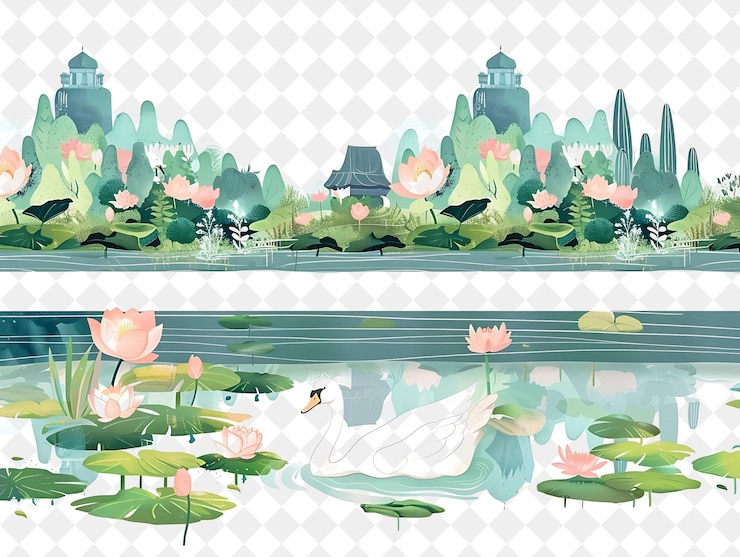 PSD paisaje del lago de cuentos de hadas con lirios y cisnes ilustración del paisaje diseño de paisajes naturales