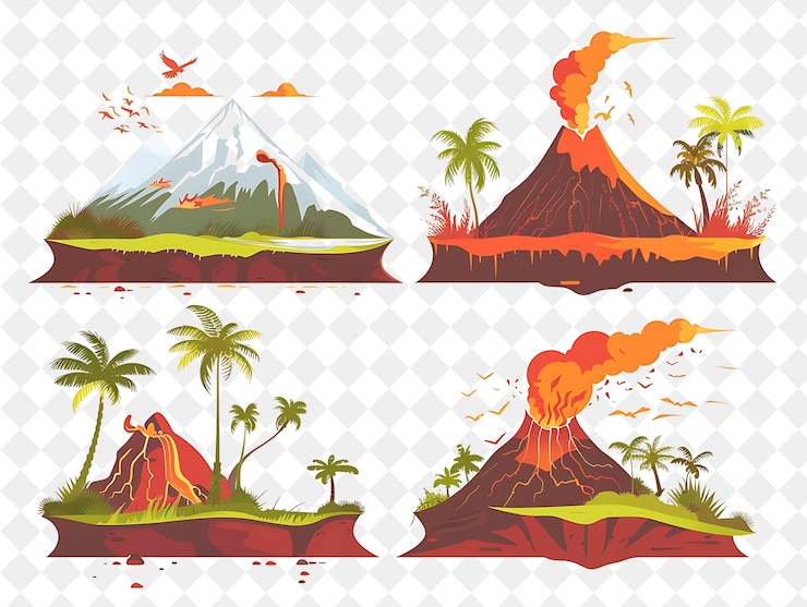PSD paisaje legendario de una isla volcánica con ilustración de un volcán ardiente diseño de paisajes naturales