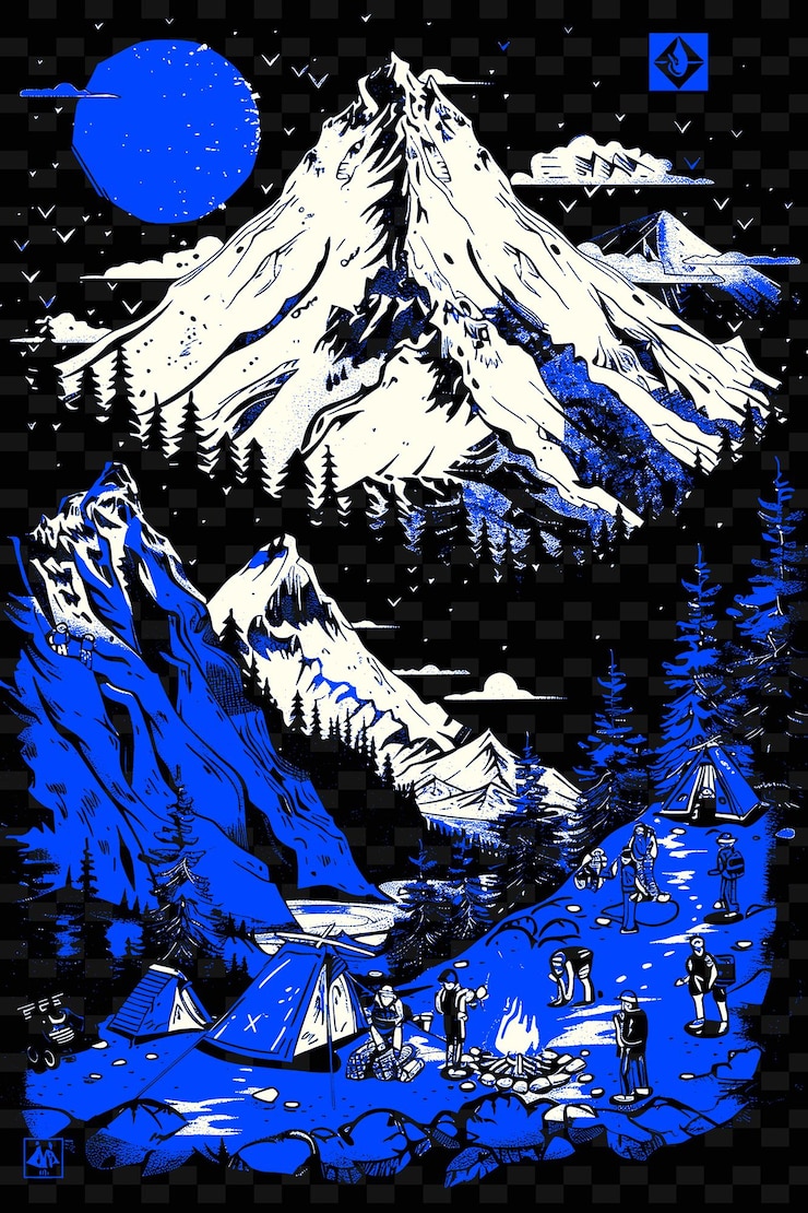 PSD paisaje de montaña con campistas y excursionistas tiendas de campaña y campfir diseños de ideas de ilustración creativa