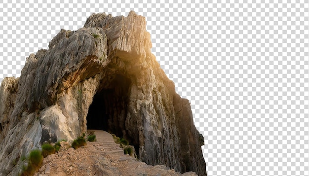 PSD paisaje de montaña con una cueva aislada sobre un fondo transparente